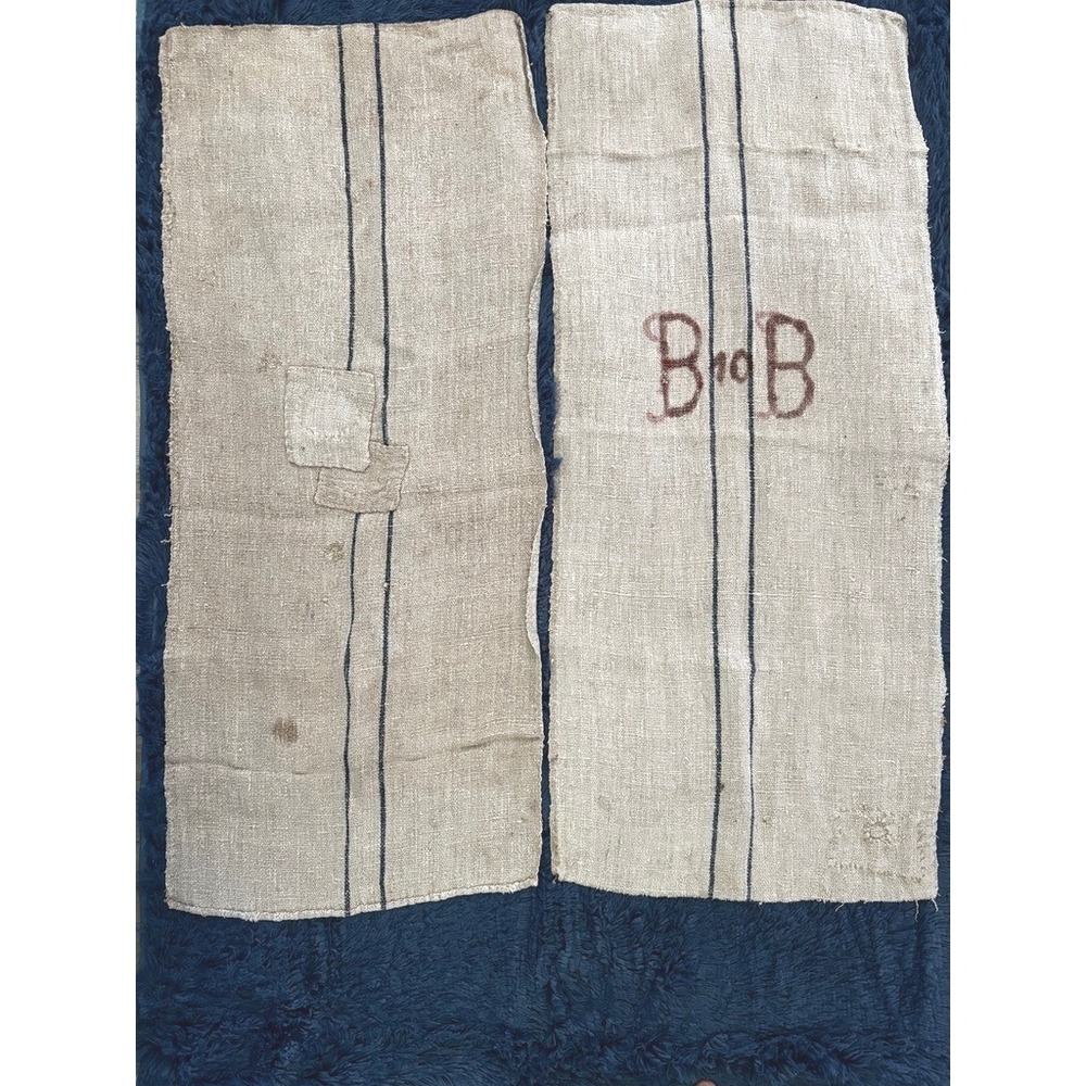 Antique Grain Sack Pair Handwoven‎ Linen Burlap B no B Monogram Blue Stripe